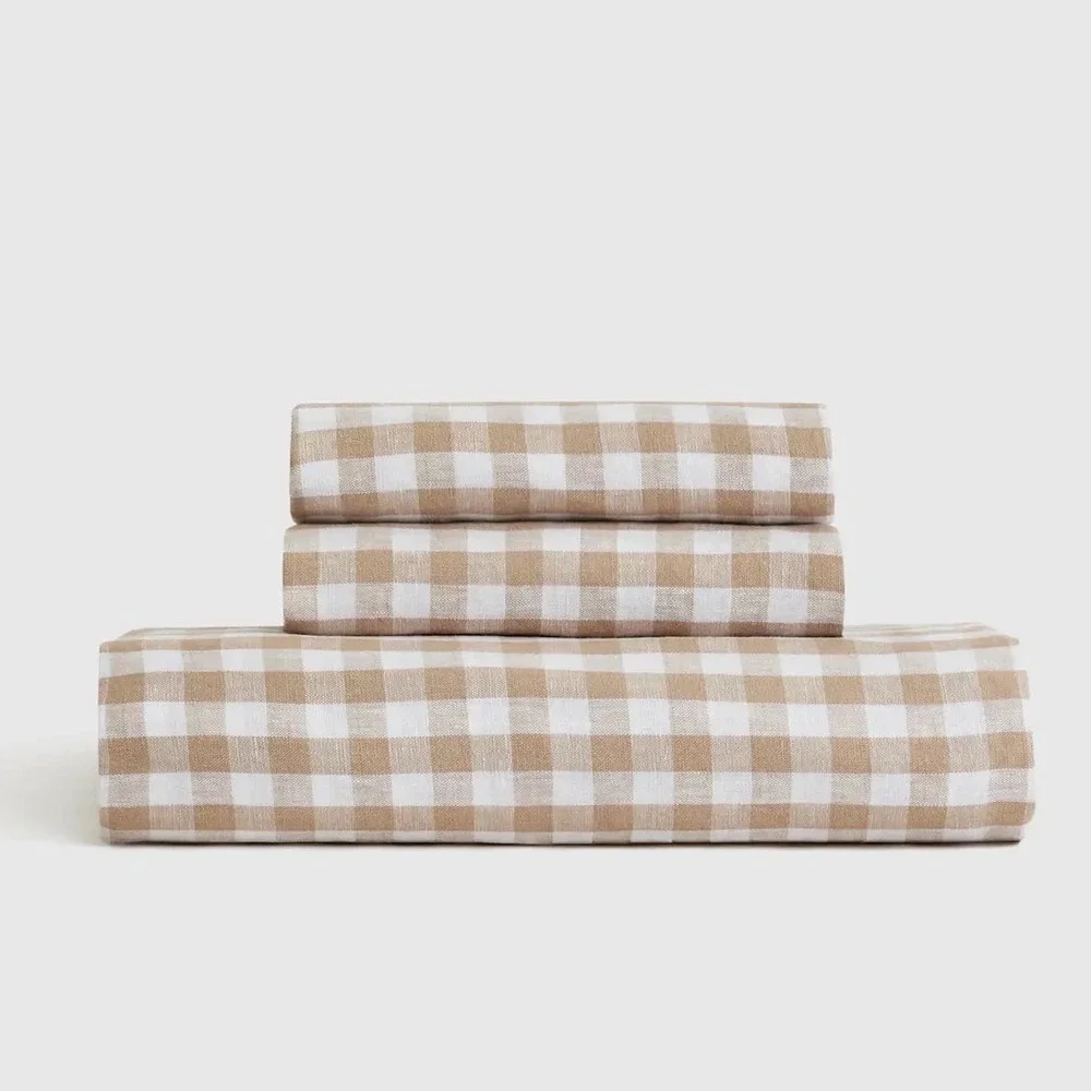 Quince Cafe Gingham Organic Cotton Sheet Set King Fitted Sheet 2 Shams 3Pc Set